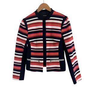 Trina Turk Navy Multi-Colored Striped Lined Jacket Cropped Pockets Size 6 Blazer